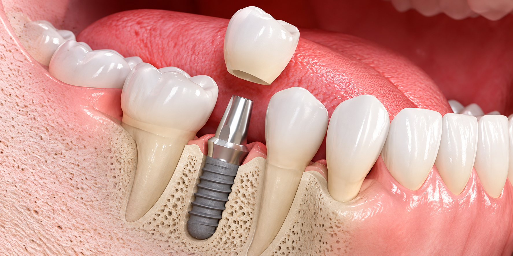Ilustración de implante dental en el hueso maxilar